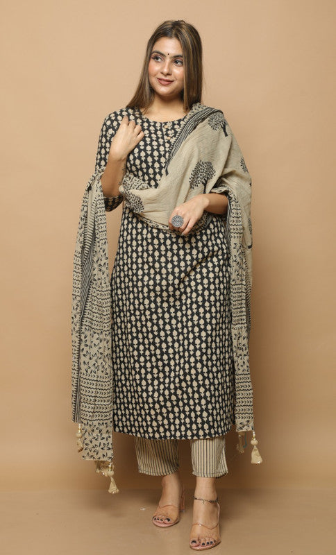 Beige & Black Coloured Pure Cotton with Print & Taussal Work Women Designer Party wear Fully Stitched Kurti with Salwar & Dupatta!!