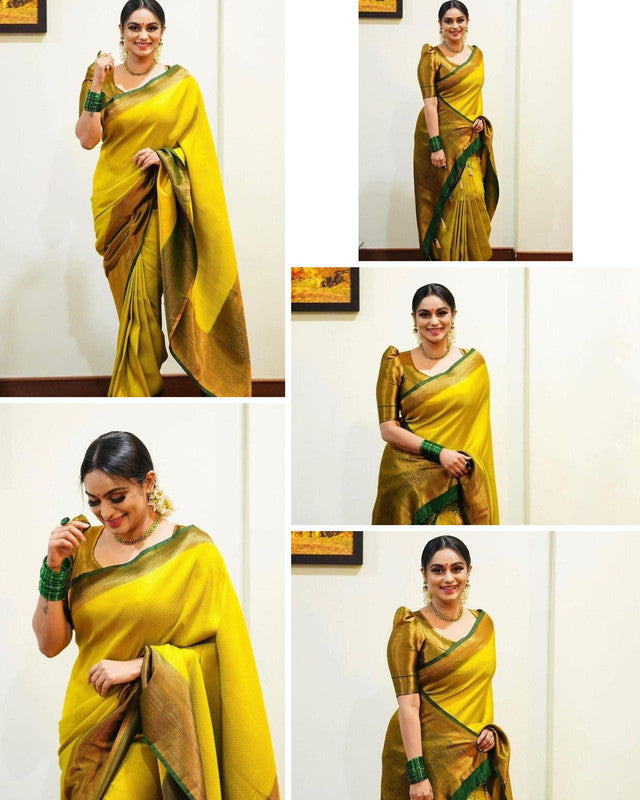 Handwoven Silk Cotton Saree - Bold Green Yellow + Tissue Grey – Ja's Drape