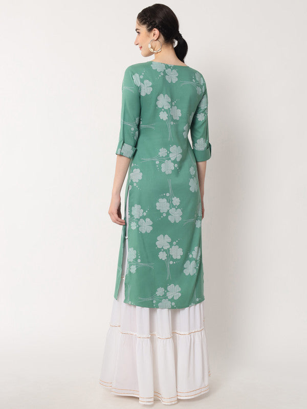 Green Coloured Designer Printed Stright Rayon Kurti!!