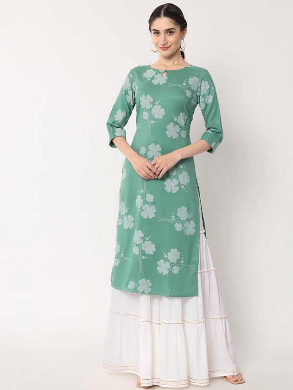 Green Coloured Designer Printed Stright Rayon Kurti!!