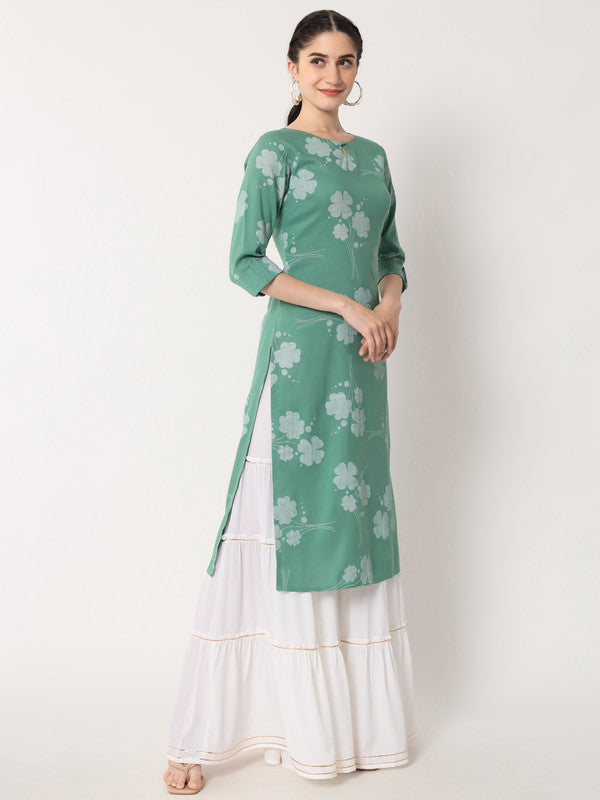 Green Coloured Designer Printed Stright Rayon Kurti!!