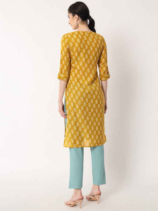 Mustard Coloured Designer Printed Stright Rayon Kurti!!