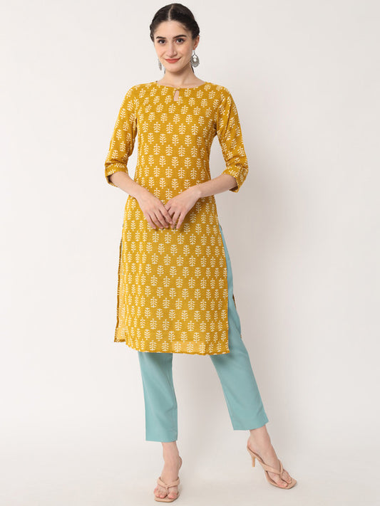 Mustard Coloured Designer Printed Stright Rayon Kurti!!