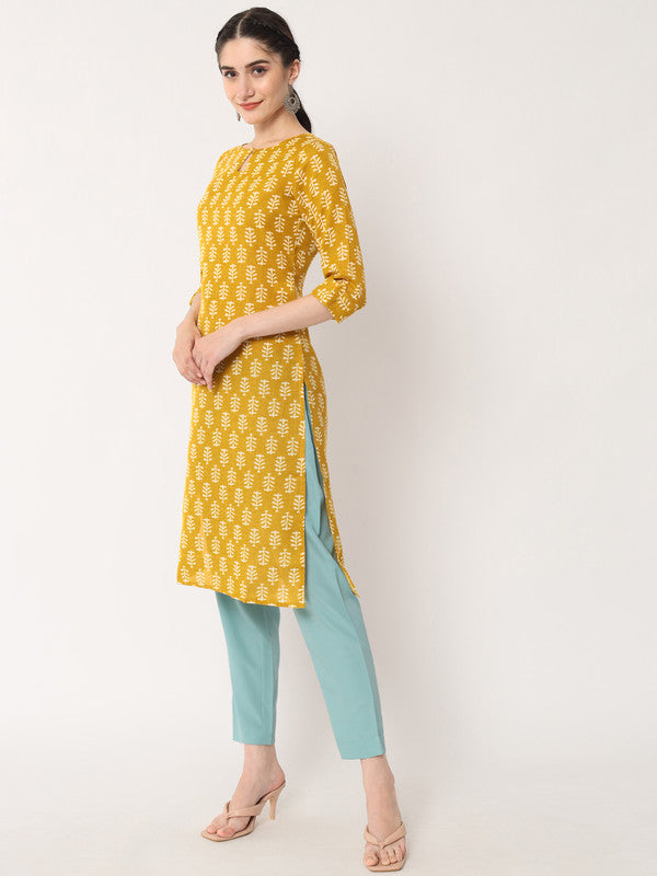 Mustard Coloured Designer Printed Stright Rayon Kurti!!