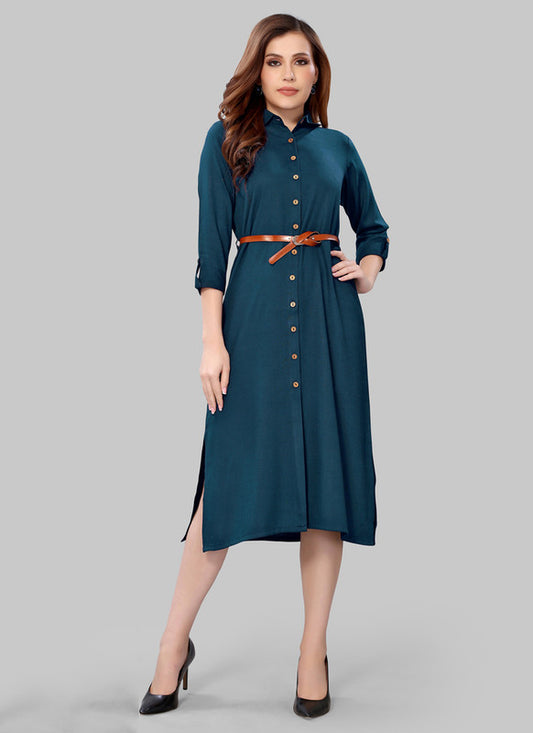 Navy Blue Coloured Premium Diva Slub Solid 3/4 Sleeves Shirt Collar Knee Length Women Party/Daily wear Western Dress!!