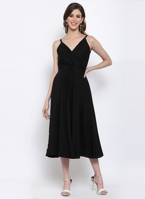 Black Coloured Premium Crepe Solid Shoulder straps V Neck Knee Length Women Party/Daily wear Western Dress!!