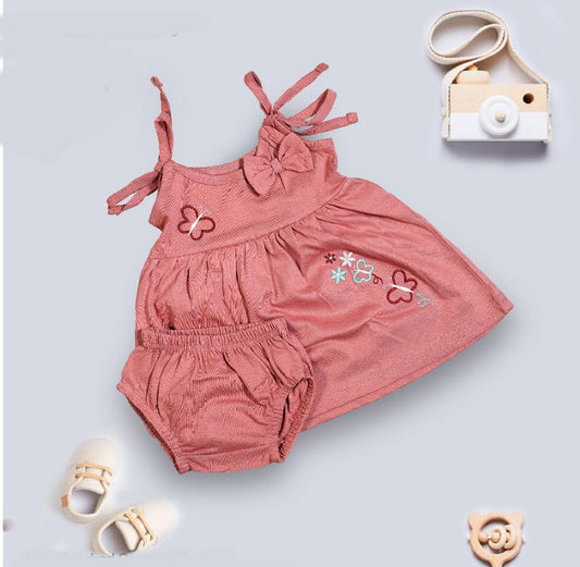 Peach Coloured Cotton Daily wear Girls Designer Sleeveless Frock with Panty!!