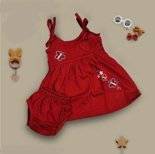 Red Coloured Cotton Daily wear Girls Designer Sleeveless Frock with Panty!!