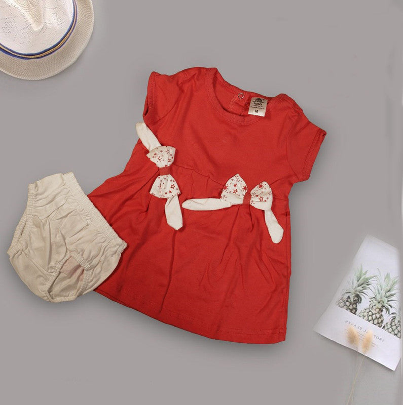 Red Coloured Cotton Daily wear Girls Designer Frock with Panty!!