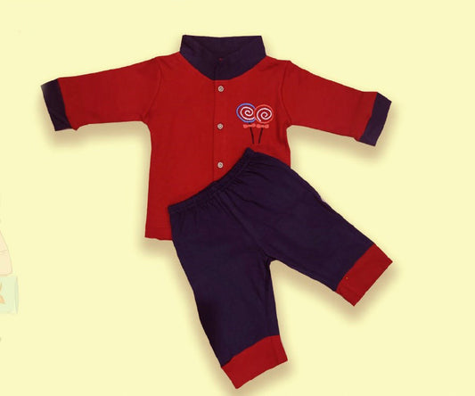 Red Coloured Cotton Boys Chinese Collar Daily wear Top & Short Pant!!