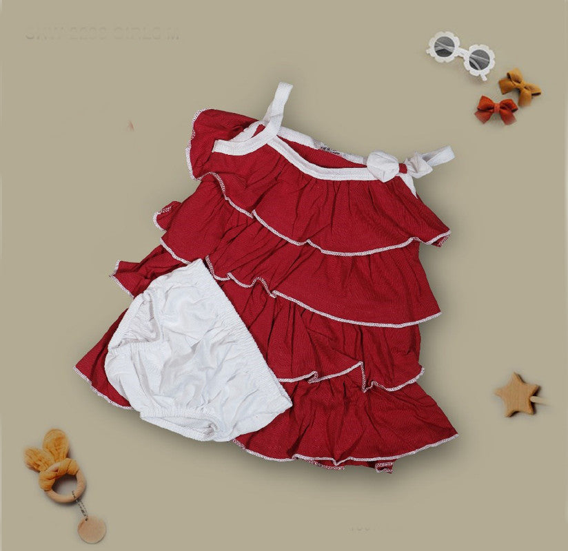 Red Coloured Cotton Daily wear Girls Designer Sleeveless Frock with Panty!!