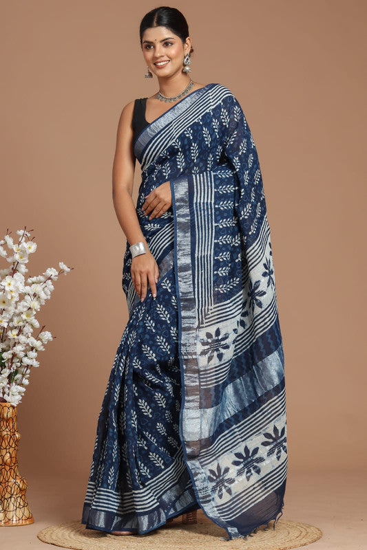 Blue & Multi Coloured Linen Cotton Beautiful Hand Block printed Women Daily/Party wear Saree with Blouse!!