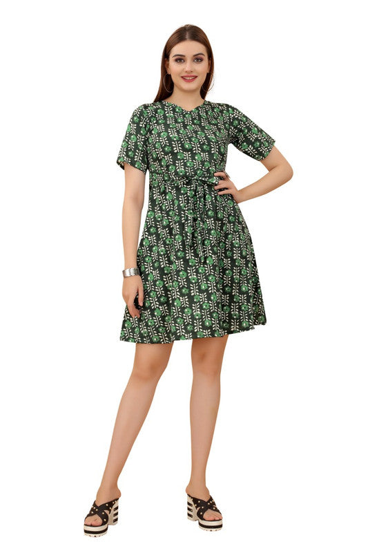 Green & Multi Coloured Premium Crepe Printed Short Sleeves Round Neck Women Daily wear Western Dress!!