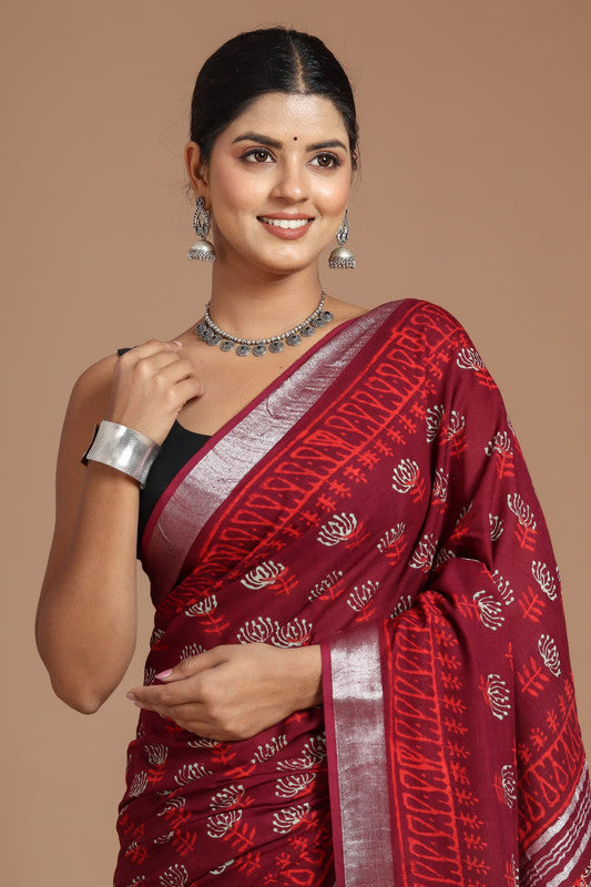 Maroon & Multi Coloured Linen Cotton Beautiful Hand Block printed Women Daily/Party wear Saree with Blouse!!