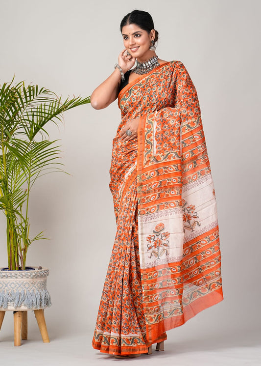 Orange & Multi Coloured Hand Block Printed Women Designer Party wear Chanderi Cotton Silk Saree with Runnin Blouse!!