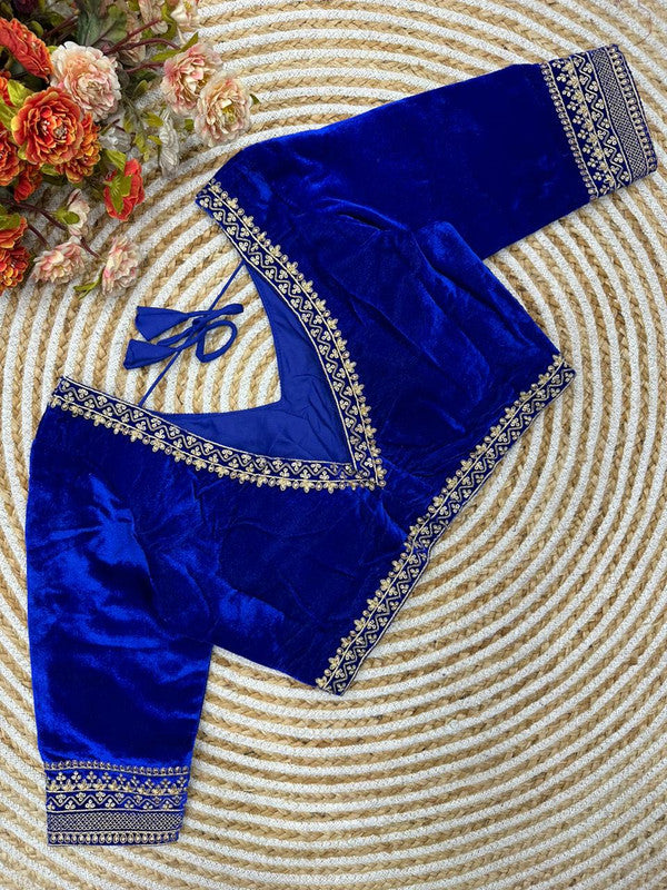 Blue Coloured Premium Pure Velvet Heavy Embroidery & Handwork Woman Ready made Designer Bridal Blouse- Free Size Up to 38 Inch!!