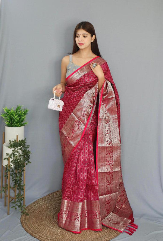 Red Coloured Beautiful Shiny Checks with Rich Pallu and attractive Border Women Designer Party wear Soft Silk Saree with Blouse!!