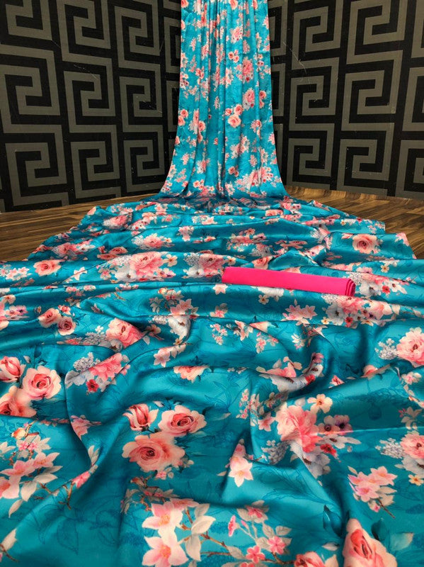 Blue & Pink Coloured Heavy Japan Satin Digital Printed Party wear Fancy Saree with Blouse!!