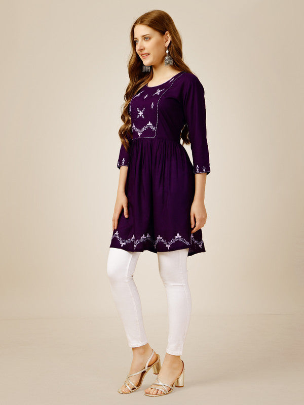 Purple Coloured Premium Rayon with Embroidery & Sequence Work Round Neck 3/4 Sleeves work Women Party/Daily wear Western Top!!