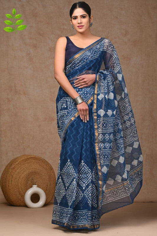 Blue & Multi Coloured Kota Doriya Cotton Beautiful Hand Block printed Women Daily/Party wear Saree with Blouse!!