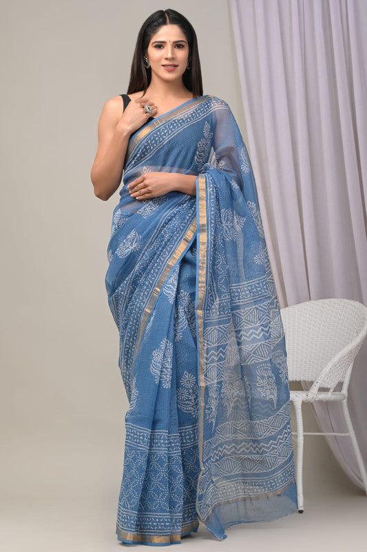 Blue & White Coloured Kota Doriya Cotton Beautiful Hand Block printed Women Daily/Party wear Saree with Blouse!!