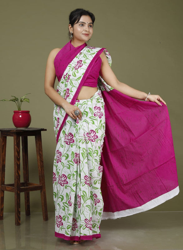 Pink & Multi Coloured Hand Printed Super dying Quality Mul Cotton Women Daily wear Saree with Blouse!!