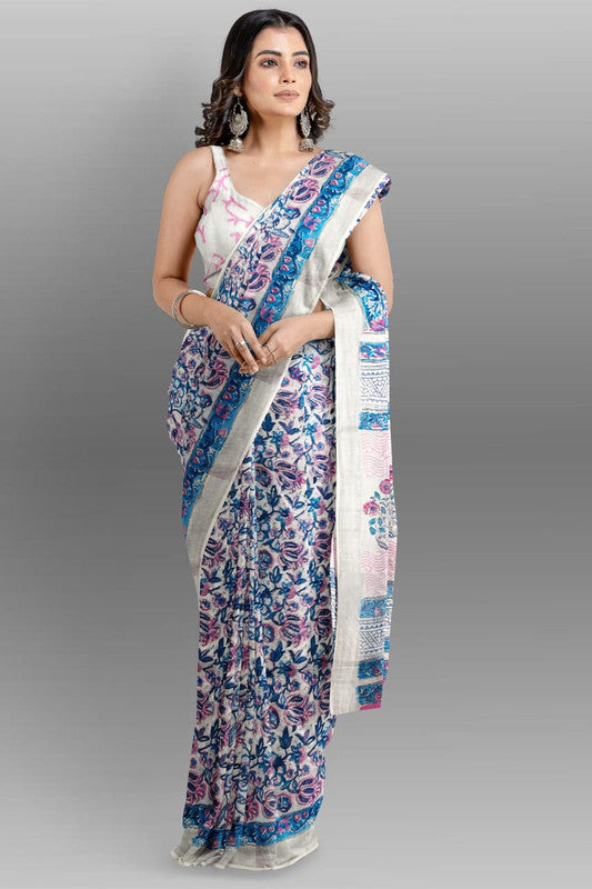 Blue & Multi Coloured Linen Cotton Beautiful Hand Block printed Women Daily/Party wear Saree with Blouse!!