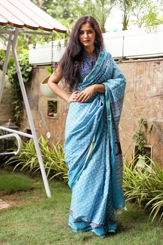 Dark Blue Coloured Cotton Jari Border Saree with Blouse!!