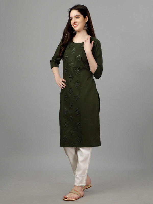 Dark Green Coloured Pure Cotton with Embroidery work Women Designer Daily wear Kurti!!