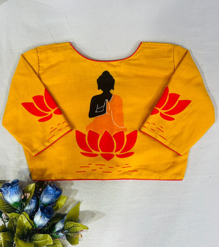 Yellow Coloured Pure Cotton with Traditional Print Woman Ready made Designer Botique Style Blouse- Free Size Up to 42 Inch!!