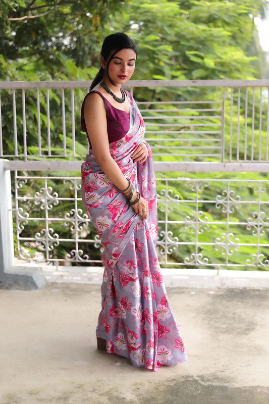 Buy Embroidered Work Grey And Pink Satin Silk Shaded Saree | Designer Sarees