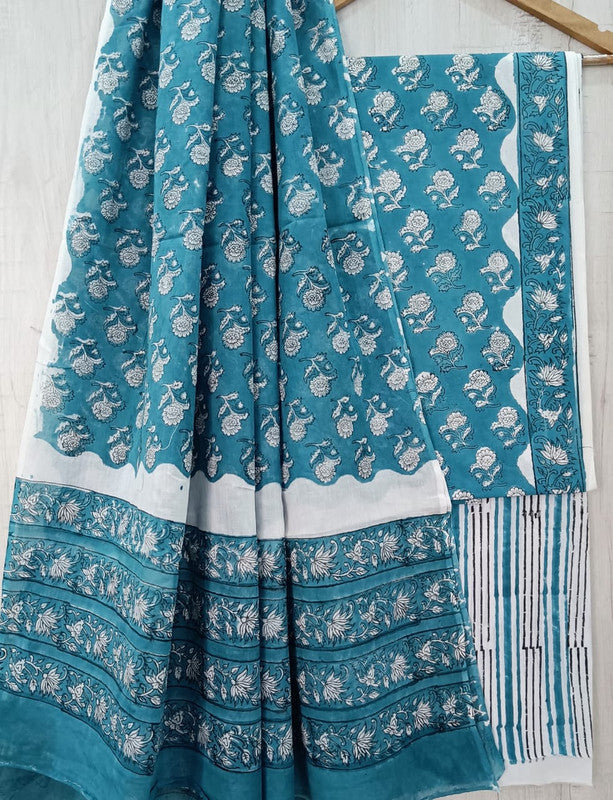 Blue & White Coloured Unstitched Pure Cotton Hand Block Printed Women Party/Daily wear Dress Material Suit- Top with Bottom & Cotton Dupatta!!