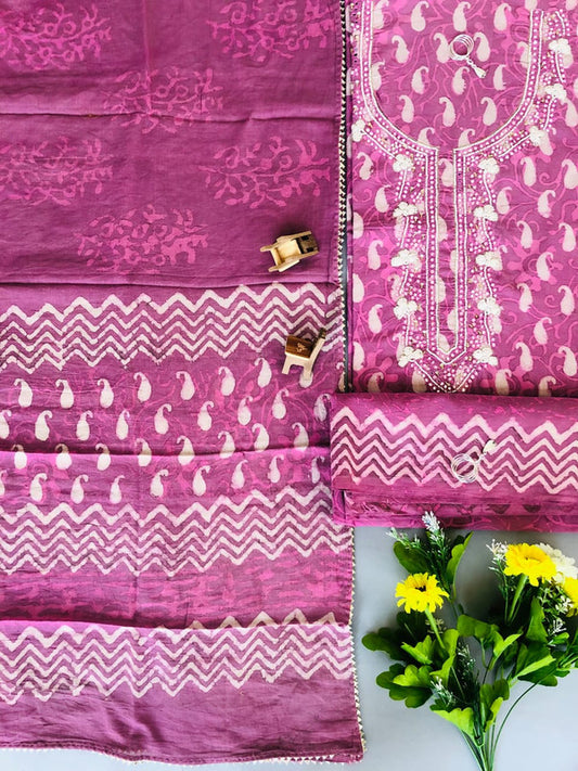 Onion Pink & White Coloured Cotton Unstitched Hand Block Printed Women Party/Daily wear Dress Material Suit- Top with Bottom & Cotton Dupatta!!