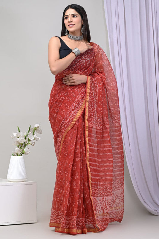 Red & Off White Coloured Beautiful Hand Block printed Women Daily/Party wear Kota Doriya Cotton Saree with Blouse!!