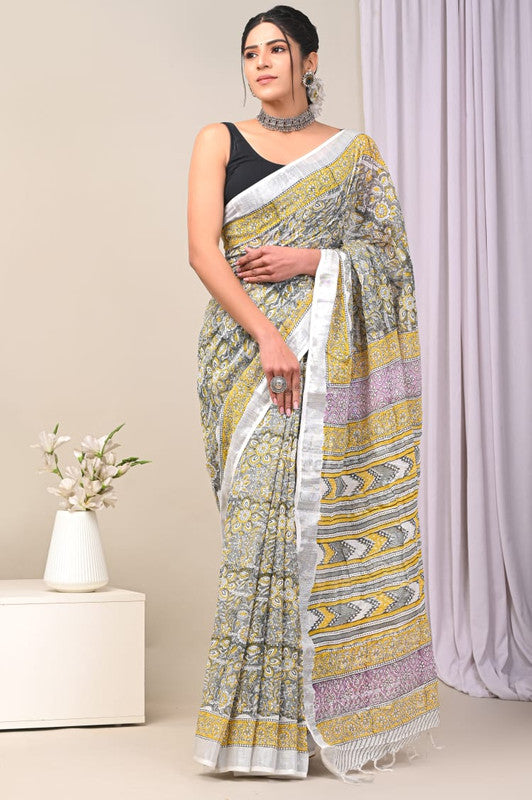 Light Green & Multi Coloured Exclusive Hand Block printed Women Daily/Party wear Linen Cotton Saree with Blouse!!