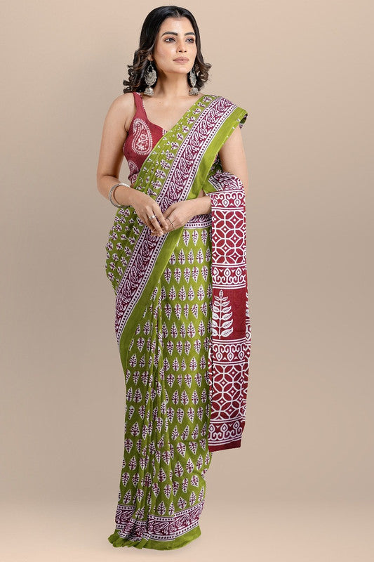 Light Green & Multi Coloured Premium Mul Mul Cotton Beautiful Hand Block printed Women Daily/Party wear Saree with Blouse!!