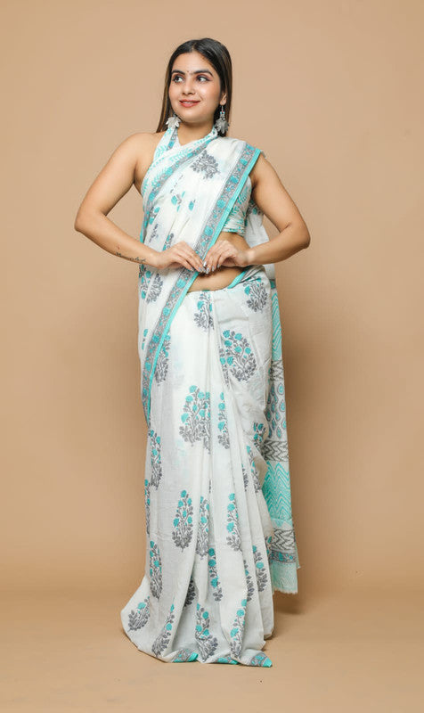 White & Aqua Blue Beautiful Hand Block Printed Cotton Saree with Blouse!!