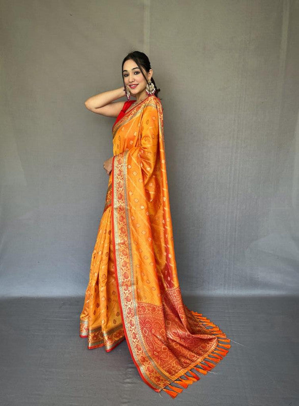 Orange & Multi Coloured Gold Zari Weaving with Rich Pallu & Meenakari Border Women Party wear Pure Silk Saree with Blouse!!