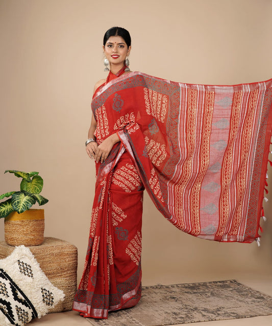 LINEN COTTON HAND PRINTED  SAREE WITH TAUSSAL