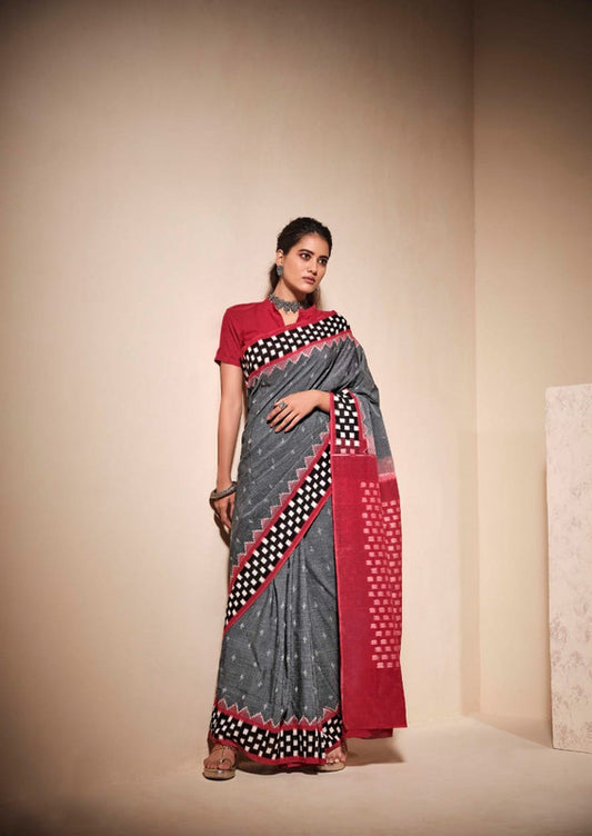 Grey & Multi Coloured Soft Chanderi Cotton with Bagru Print Women Party wear Saree with Beautiful matching Blouse!!