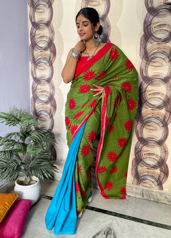 Sky Blue & Multi Coloured Premium Mul Mul Cotton Beautiful Hand Block printed Women Daily/Party wear Saree with Blouse!!