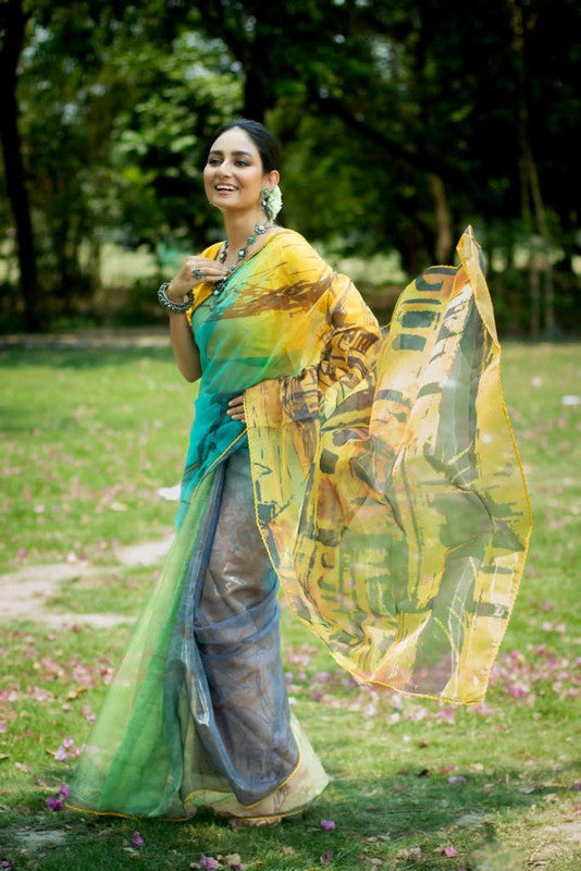 Yellow & Multi Coloured Pure Soft Oranza Silk with stylish Print & Fancy Border Women Party wear Oranza Silk Saree with Blouse!!