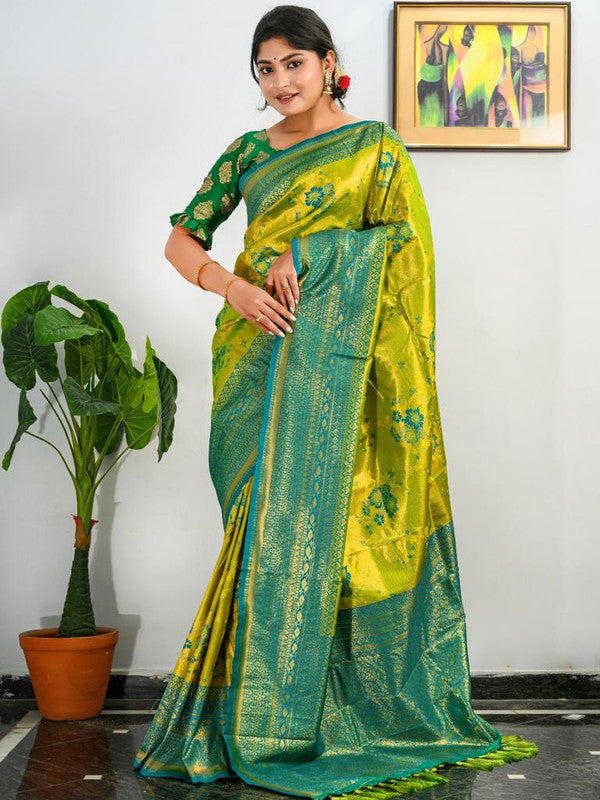 Parrot Green & Multi Coloured Antique Weaving Heavy Golden Contrast Big Border Women Designer Party wear Pure Soft Kanjivaram Silk Saree with Blouse!!