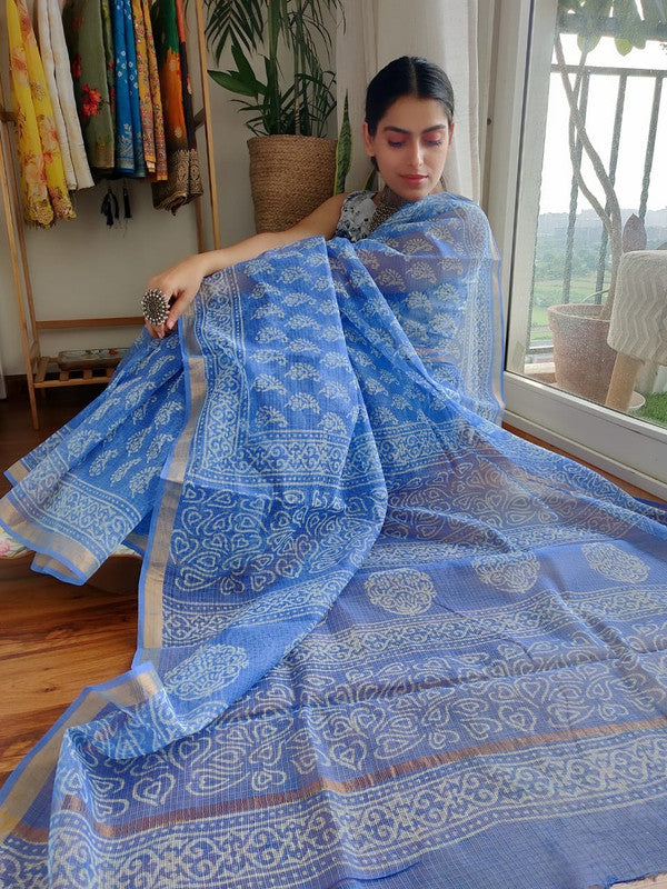 Blue & White Coloured Kota Doriya Cotton Beautiful Hand Block printed Women Daily/Party wear Saree with Blouse!!