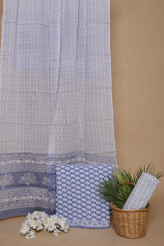 Blue & White Coloured Unstitched Pure Cotton Exclusive Hand Block Printed Women Party/Daily wear Dress Material Suit- Top with Bottom &  Mul Cotton Dupatta!!