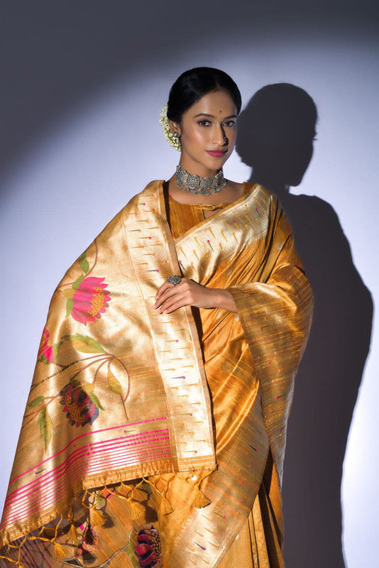 Yellow Tussar silk Pure Paithani Silk Saree with pure zari woven broad border!!