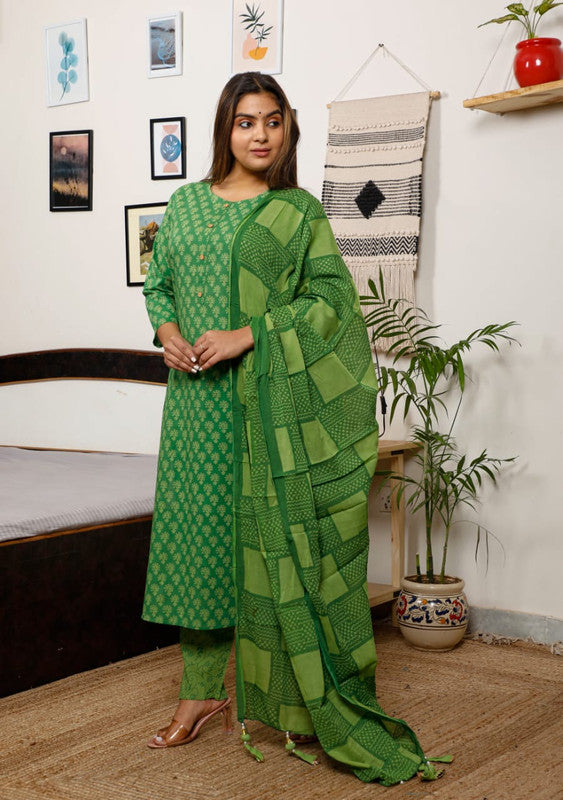 Green & Paroot Green Coloured Pure Cotton with Print & Taussal Work Women Designer Party wear Fully Stitched Kurti with Salwar & Dupatta!!