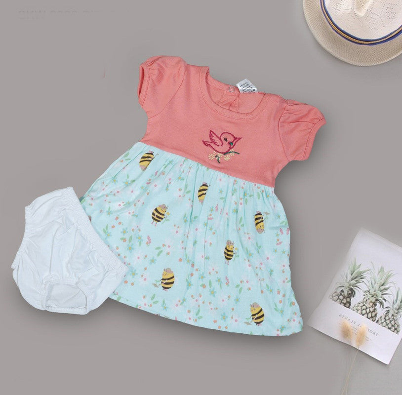 Peach Coloured Cotton Daily wear Girls Designer Frock with Panty!!