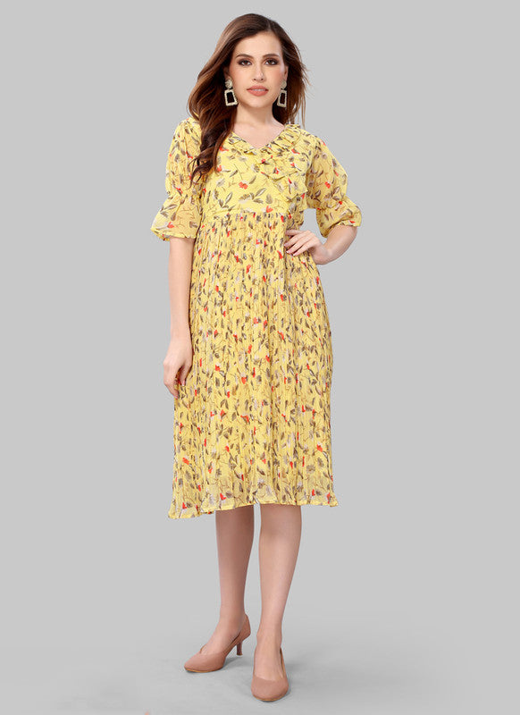 Light Yellow Coloured Premium Chiffon Crepe Printed 3/4 Sleeves V Neck Knee Length Women Party/Daily wear Western Dress!!