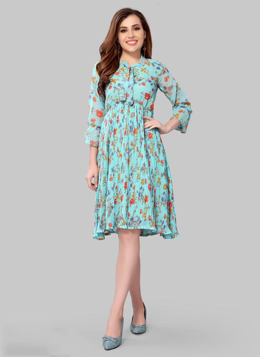 Aqua Blue Coloured Premium Chiffon Crepe Printed 3/4 Sleeves Round Neck Knee Length Women Party/Daily wear Western Dress!!